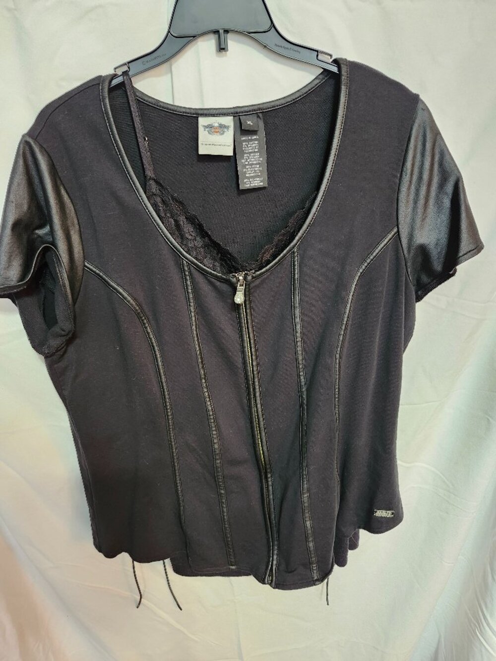 Women's Harley-Davidson Short Sleeve Zip Up Tie Faux Leather Black Top